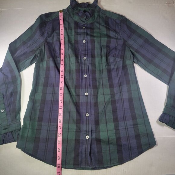 J.Crew Green & Navy Plaid Ruffle Collar Long Sleeve Button-Up Shirt Size  XS - Picture 5 of 8